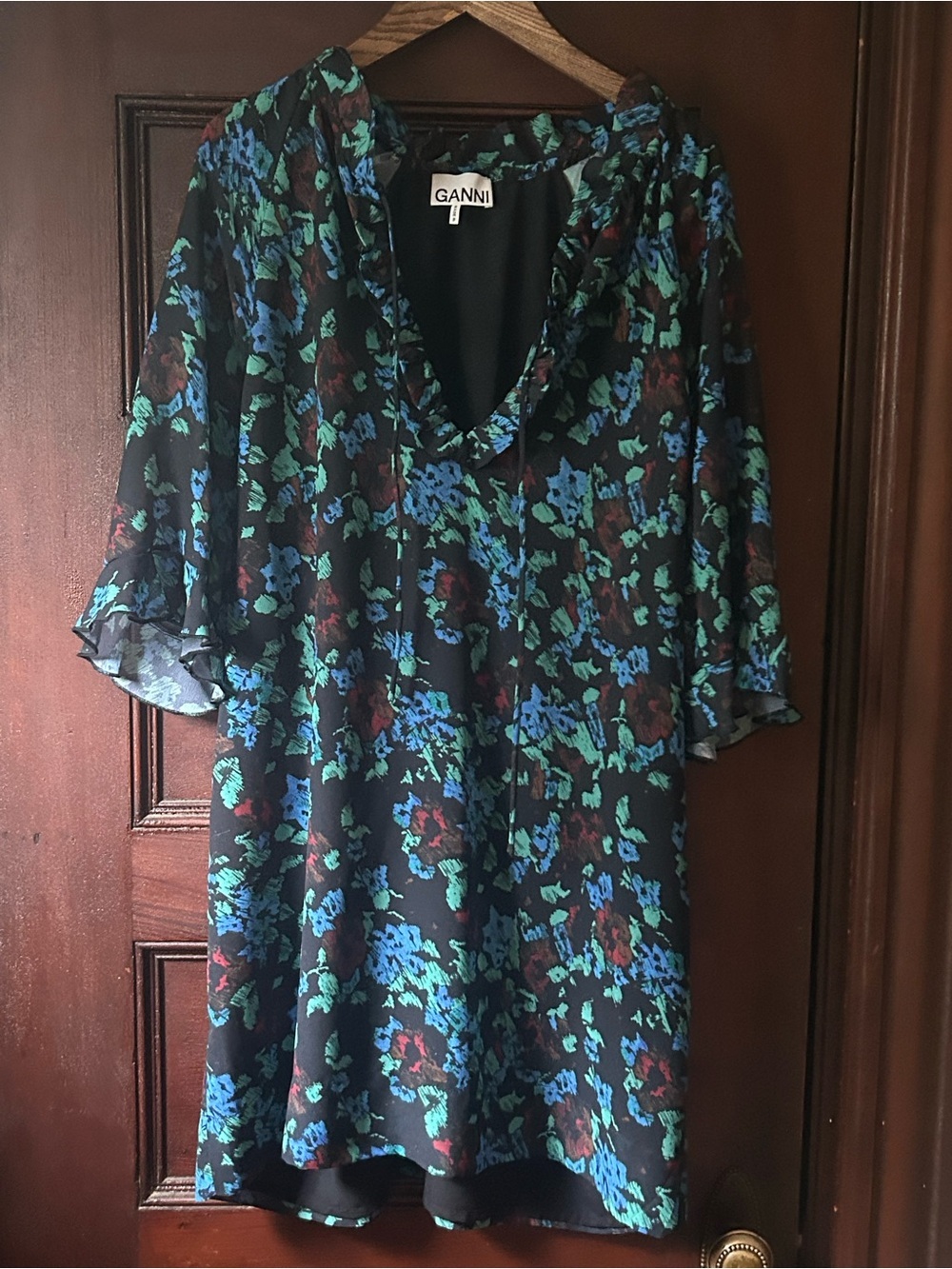 Ganni Printed Light Crepe Mini Dress Meadow Azure Blue Ruffle Neckline Size 38 - Picture 6 of 10